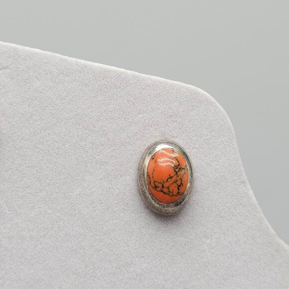 Sterling Silver Taxco Orange Jasper Oval Stud Earrings Vintage - Picture 3 of 5